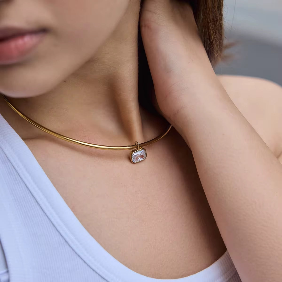 Collar Necklace - Rectangular Zirconia Pendant